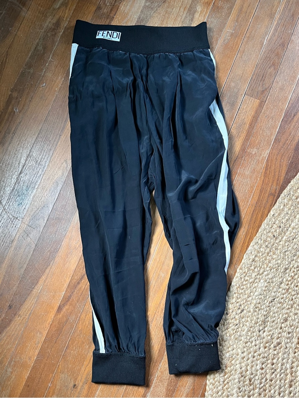 Fendi silk Black jogger Pants with White Side Stripe